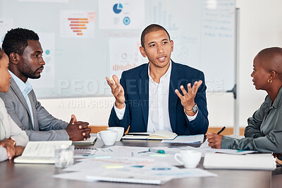 Buy stock photo Business people, leader and meeting for marketing discussion, planning or idea strategy at office. Corporate male executive talking to employee staff in workshop training for sales at the workplace