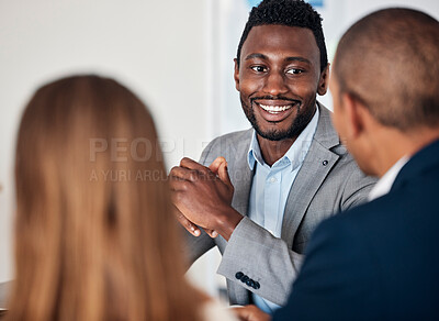 Buy stock photo Corporate, smile and black man in a meeting with management for business, planning and strategy. Teamwork, business meeting and African businessman talking to employees about an idea for company