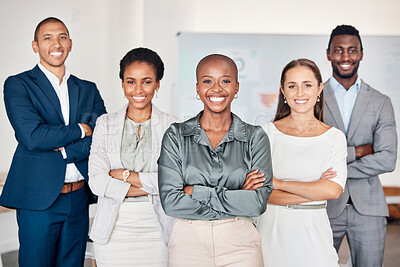 Buy stock photo Business team portrait, people smile in professional office and global company diversity in Toronto boardroom. Black woman in leadership career, happy corporate staff together
and group success