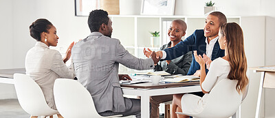 Buy stock photo Business people, handshake and meeting applause in collaboration for corporate idea or strategy at the office. Group of employee workers shaking hands in b2b, partnership or teamwork at the workplace