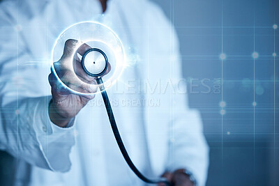 Buy stock photo Doctor, stethoscope and global healthcare, medical services and consulting data science, tuberculosis and heartbeat research. Cardiology, medicine and world network, future innovation and AI surgery 