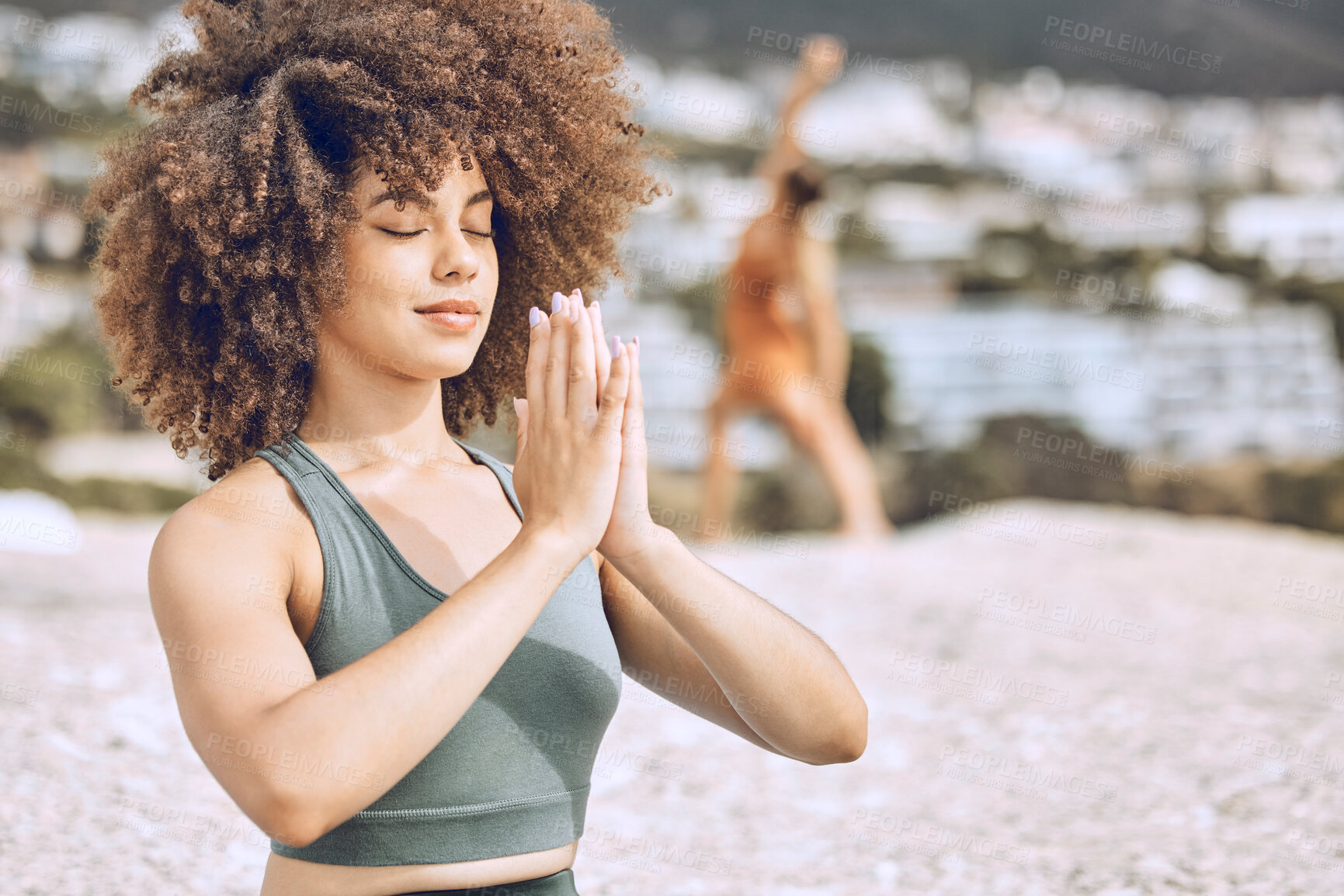 Buy stock photo Yoga, meditation and black woman by beach for fitness, training and wellness. Motivation, workout and woman exercising by the ocean on summer morning for calm, quiet and peace to meditate in nature
