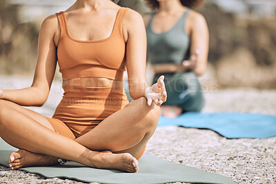 Buy stock photo Beach yoga, women meditation and mudra hands, chakra energy or peace in lotus body exercise, workout or healthy training in sunshine. Calm, mindfulness and zen mindset, meditate and balance in summer
