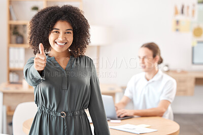 Buy stock photo Thumbs up, business and black woman success in office for goals, motivation and thank you feedback in support, trust and like emoji review. Happy employee portrait, winning agreement and achievement