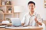 Thumbs up, laptop and portrait Asian businessman in office with hand gesture for success and good work. Technology, goal and man working online, using internet and typing on computer in workspace