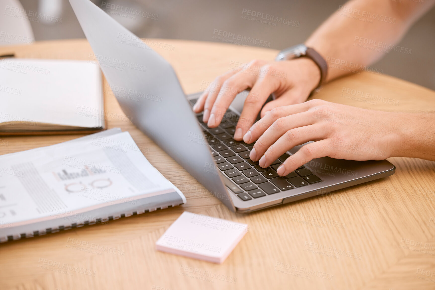 Buy stock photo Businessman, hands and laptop typing in office company finance budget, target audience research or digital marketing kpi review. Zoom, creative designer and worker on technology with paper documents