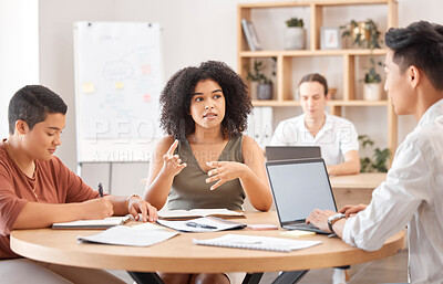 Buy stock photo Startup business, team collaboration and planning idea for  design, advertising and digital marketing strategy. Team diversity, creative development and corporate teamwork brainstorming meeting 