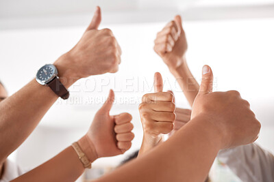 Buy stock photo Team, diversity and business people thumbs up sign, icon and hands gesture for success and celebration. Group of men and women employees together for trust, yes or thank you hand gesture at work
