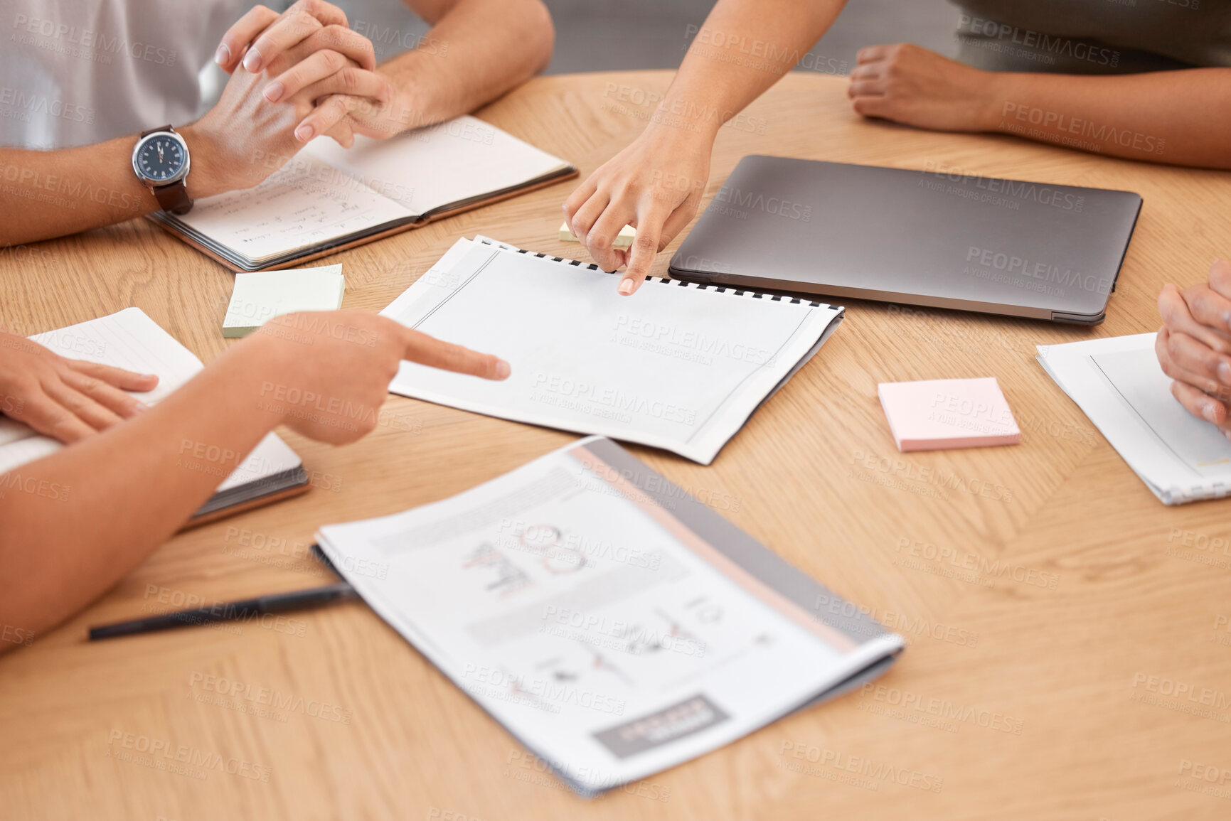 Buy stock photo Documents, paperwork and pointing hands in business meeting with papers on desk. Teamwork, collaboration and business people in discussion, planning and working on strategy, analytics and project