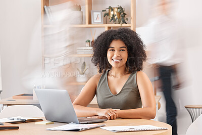 Buy stock photo Laptop, blurred motion and portrait with a black woman looking calm or confident in a busy workplace. Happy, focus and finance with a female employee working online with documents in the office