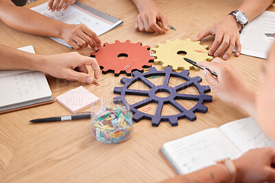 Buy stock photo Team, strategy collaboration and gears innovation problem solving in business meeting. Corporate teamwork planning, research development analysis and abstract project partnership at office work table