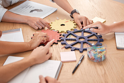 Buy stock photo Business people, teamwork and gears, solution and collaboration, planning or ideas, goals and puzzle innovation at office desk. Closeup group of employee hands, problem solving and strategy challenge