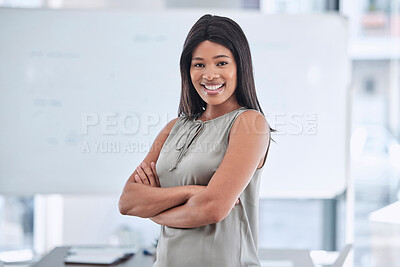 Buy stock photo Marketing manager, leadership and smile of a black woman standing with arms crossed in a startup business for motivation, innovation and success. Pride, happy and professional entrepreneur in office