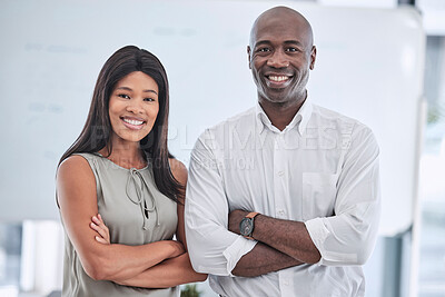 Buy stock photo Businessman, black woman or arms crossed in creative office, marketing or advertising company and leadership, power or target goals. Portrait, smile or happy teamwork collaboration in success mindset