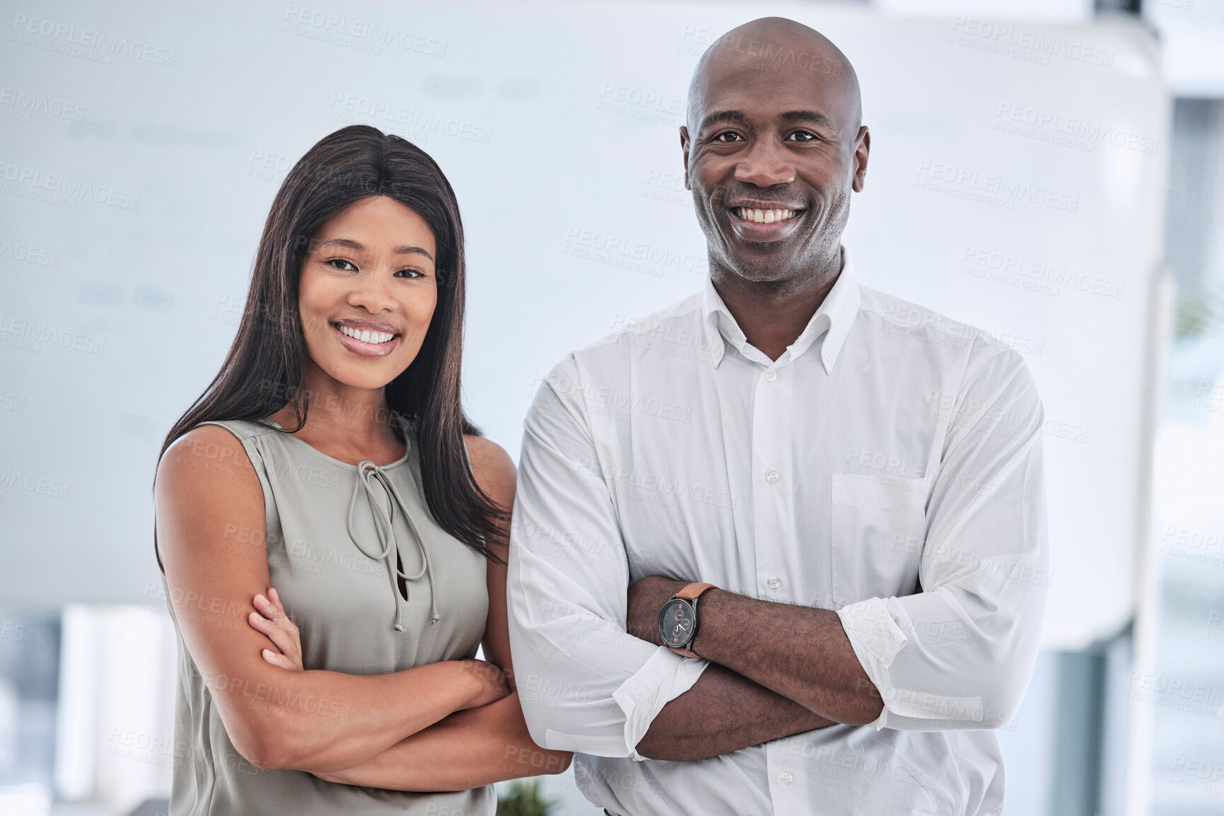 Buy stock photo Businessman, black woman or arms crossed in creative office, marketing or advertising company and leadership, power or target goals. Portrait, smile or happy teamwork collaboration in success mindset