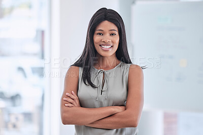 Buy stock photo Business, portrait and black woman, arms crossed in office and ready for work. Motivation, goals and vision of corporate female ceo, happy manager or company leader from Nigeria with success mindset
