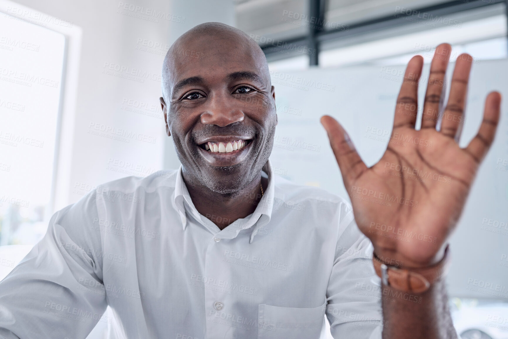 Buy stock photo Business video call, wave and black man in office, video conference or meeting. Portrait, hello or greeting of male employee from Nigeria in pov webinar, online sales workshop or interview video chat