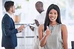 Thumbs up, leader and business woman in office, happy and smile with vision, goal and mission. Portrait, hand sign and black woman leadership in corporate, startup and company, excited and success