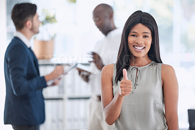 Buy stock photo Thumbs up, leader and business woman in office, happy and smile with vision, goal and mission. Portrait, hand sign and black woman leadership in corporate, startup and company, excited and success