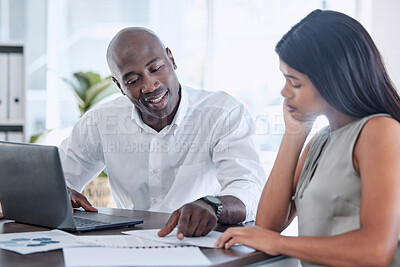 Buy stock photo Businessman, black woman and documents in finance training, kpi data analysis and target audience research review with intern. Smile, happy and talking manager with laptop pointing at financial paper