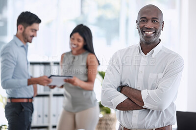 Buy stock photo Business leadership, black man and corporate management in office, agency and startup company with vision, motivation and goals for career success. Portrait of happy african businessman ceo manager 
