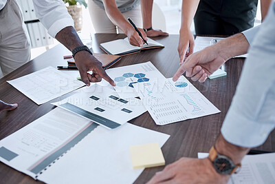 Buy stock photo Financial, planning and hands of business people in meeting on chart, growth and graph in office. Hand, finance and team collaboration on accounting, economy and statistics, documents and management