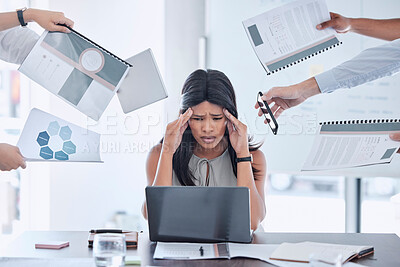 Buy stock photo Stress, hands and business woman with headache from multitasking, workload and work pressure in office. Anxiety, hand and black woman suffering with burnout, chaos and deadline at corporate job