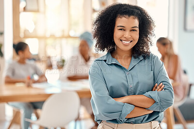 Buy stock photo Black woman, leadership smile and meeting with arms crossed in team management, vision or ambition at office. Portrait of a confident creative African female manager smiling for work collaboration