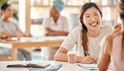 Buy stock photo Business women, bonding and coffee break planning with documents, kpi research or target audience data analysis for creative startup. Smile, happy student and asian designer in teamwork collaboration