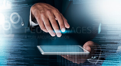 Buy stock photo Digital overlay, tablet and business hands with information technology innovation, big data and cybersecurity software system. Ai futuristic, coding or software development corporate hand typing code
