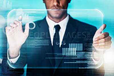 Buy stock photo Hologram, business man and digital tablet for financial, planning and trading, stock market, profit and growth analysis. Hands, double exposure and man with digital finance chart, data and investment