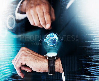 Buy stock photo Businessman with earth hologram, future technology and time with space and digital overlay, computer software and 3d connect. Global futuristic tech, big data and metaverse, server and virtual world