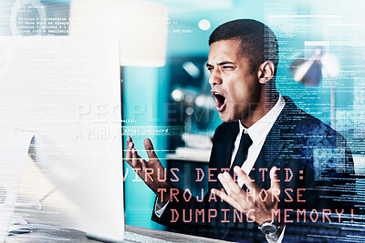Buy stock photo Businessman, angry and computer with virus, glitch or 404 error while working in a office with overlay or double exposure. Corporate employee upset with mistake, pc problem or stress with technology