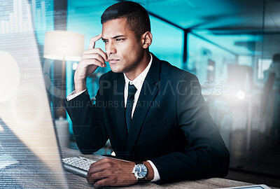 Buy stock photo Overlay, thinking and analytics with a businessman working on a computer in a startup office at night. Research, idea and trading technology with a male entrepreneur at work on a desktop in a company