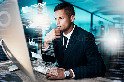 Buy stock photo Trading, computer and businessman with hologram data of finance investment, stock market or forex growth. Future financial economy, bitcoin or trader analysis of futuristic chart, analytics or crypto
