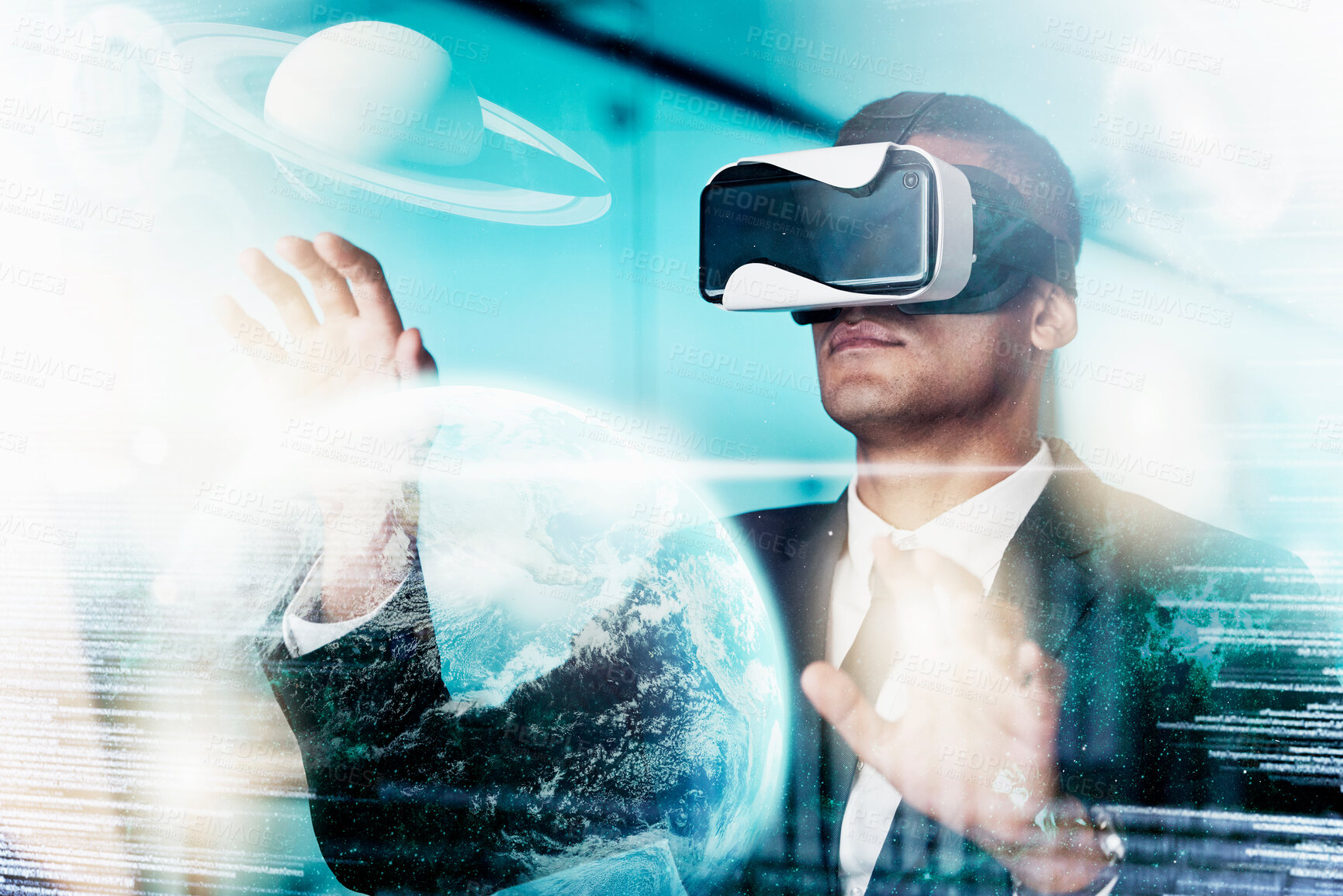 Buy stock photo VR, businessman and global media, metaverse or networking data, digital transformation or futuristic cyber universe innovation. Technology abstract in office of virtual reality future user automation