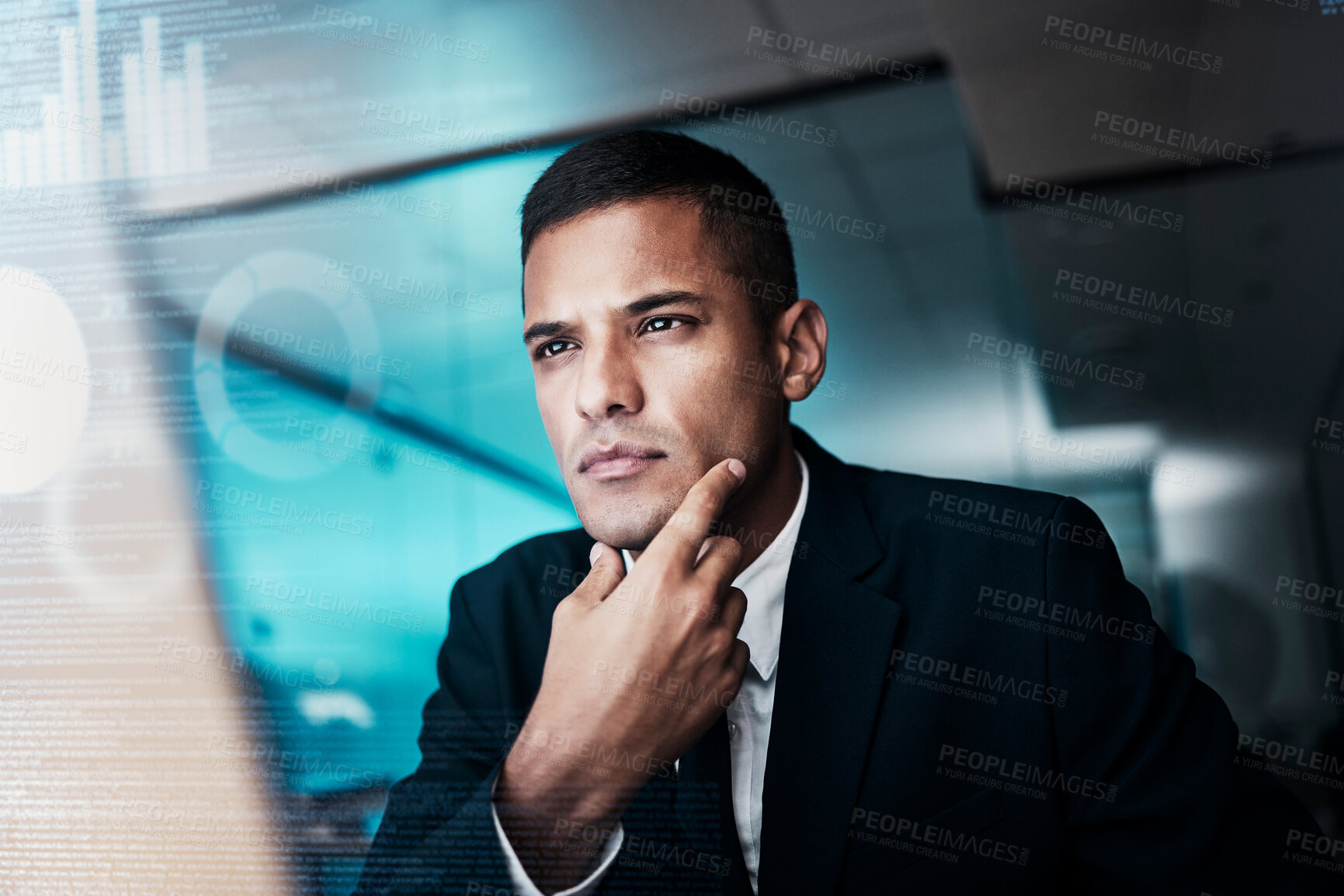 Buy stock photo Cyber security man, digital transformation or computer coding for thinking web design engineer working on seo software or database. Infographic abstract, data analysis or futuristic 3D on technology