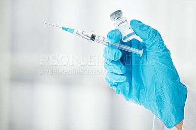Buy stock photo Covid, vaccine and medicine with hands of doctor and syringe for science, pharmacy and medical. Virus, flu and disease with healthcare worker and injection for immunity, treatment and prevention