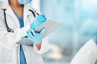 Buy stock photo Woman, hands or doctor clipboard writing in hospital for life insurance test results, medical healthcare research or surgery planning. Medicine worker, covid or employee with paper documents schedule