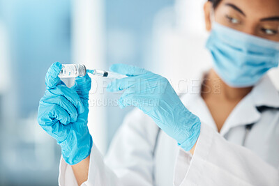 Buy stock photo Doctor, mask and vaccine research with needle in hospital or laboratory. Professional healthcare nurse, pharmaceutical vaccination innovation development, corona virus and medical science in lab. 