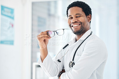 Buy stock photo Happy, portrait and doctor in a hospital for medical innovation in healthcare, medicine and health. Medical, leader and African American cardiology doc proud of career goal, vision and help mission