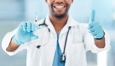 Buy stock photo Doctor, vaccine syringe and thumbs up at work in hospital, clinic or office in healthcare. Medic, man and professional in medical worker show hand sign working in health, medicine or community safety