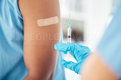 Buy stock photo Doctor hands, covid vaccine or band aid on arm after global virus injection in security, safety or wellness life insurance. Zoom, medical nurse or healthcare worker and plaster for hospital black man