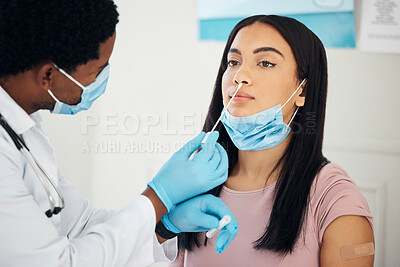 Buy stock photo Covid, medical and pcr test with doctor and woman in hospital for test, medicine and research check. Science, innovation and consulting with healthcare worker and patient for virus, help and pandemic