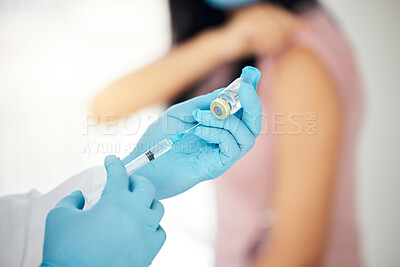 Buy stock photo Covid, patient and vaccine with hands of doctor holding syringe, medicine and glass for healthcare, pharmacy or science. Innovation, medical or research with pharmacist working on treatment for virus