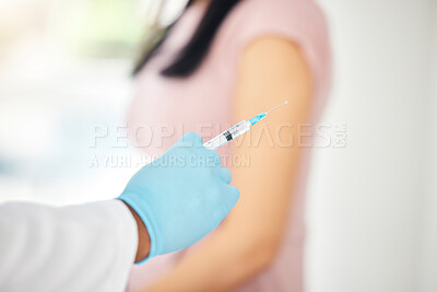 Buy stock photo Vaccine, covid and healthcare, hand and syringe needle with medicine, doctor with patient in hospital for virus immunization. Health, safety and protection glove, covid 19 and medical injection.
