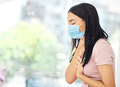 Buy stock photo Covid, mask and woman with sore throat, healthcare and sick at work, chest pain and respiratory problem. Health, virus and illness during pandemic, infection and inflammation with breathe issue. 