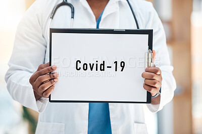 Buy stock photo Doctor, covid 19 paper sign and clipboard, poster and information report for healthcare, global pandemic and hospital consulting. Medical worker hands holding marketing note for corona virus disaster