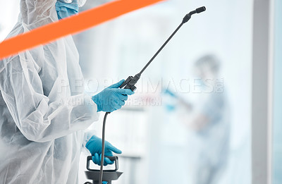 Buy stock photo Hospital, cleaning and covid sanitation professional cleaner spray, disinfect and bacteria prevention. Safety, wash and cleaning service by person in healthcare clinic, hygiene and corona compliance