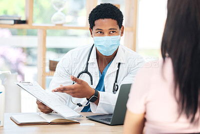 Buy stock photo Healthcare, doctor and covid insurance in consultation office with patient for compliance, records and info. Surgery, documents and health worker at desk with woman for corona, medical and planning